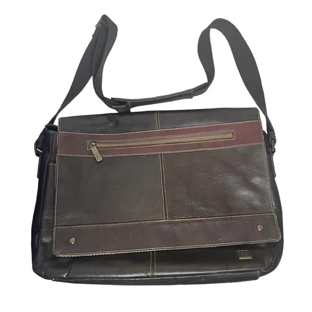 Brown leather messenger laptop crossbody bag